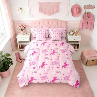 Imagem de Erosebridal Jogo de cama solteiro de 7 peças, rosa, faroeste, vaqueira, do oeste selvagem, para mulheres, para quarto de mulheres, botas, botas em uma bolsa, cavalo rosa, todas as estações