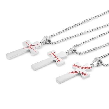 Imagem de HZMAN Conjunto de colar com pingente de cruz esportiva de 3 peças para homens - beisebol, futebol americano e basquete com verso de Filipenses 4: 33 cm, corrente de aço inoxidável 55 + 5 cm, presente