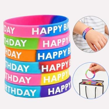 Imagem de 20 pulseiras de silicone de feliz aniversário - lembrancinhas de festa de cores sortidas, pulseiras de silicone duráveis para presentes de festa de aniversário, crianças e adultos