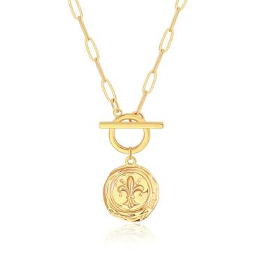 Imagem de Aobei Pearl Colar com pingente banhado a ouro 18K para mulheres, corrente de ouro delicada, gargantilha, disco de coração, moeda, pérola, cruz, joia, Metal, Sem Pedra Preciosa