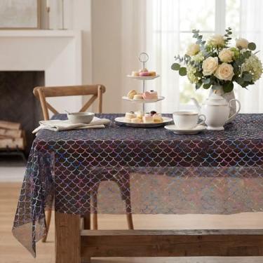 Imagem de Horaldaily Toalha de mesa de gaze de sereia preta colorida retangular 152 x 213 cm, capa de mesa de malha fina com glitter colorido, gaze de tule de chiffon transparente para festa de casamento e chá