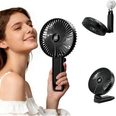 Imagem de VanSmaGo Ventilador portátil grande, ventilador portátil dobrável de 180°/suspensão/mesa com 5 velocidades, tela de LED, ventilador pessoal recarregável por USB portátil para uso interno e externo