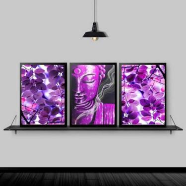 Imagem de Kit 3 Quadros Buda Zen Folhas Roxas 45X34Cm Moldura Preta