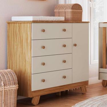 Imagem de Comoda Infantil 4 Gavetas 1 Porta em MDF Pingo Moveis Peroba