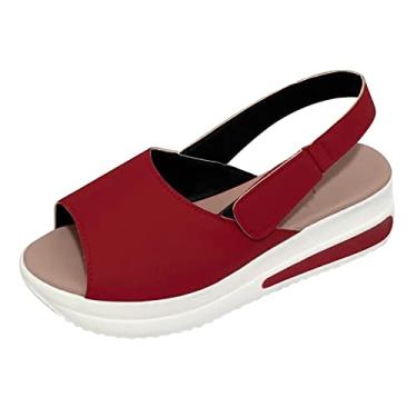 Imagem de Sandálias femininas Wedges plataformas esportivas moda casual sapatos de praia Peep sandálias femininas casuais largas de verão, Vermelho, 10