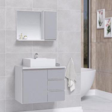 Imagem de Conjunto Gabinete Banheiro Completo Prisma 60cm - Branco / Cinza - Mov
