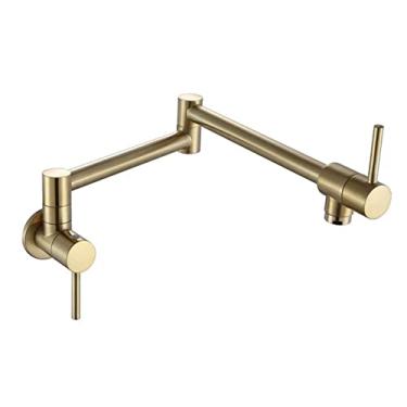 Imagem de Torneira de cozinha dobrável escovada torneira de pia única fria torneira giratória dobrável de latão montada na parede, ouro escovado E