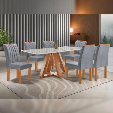 Imagem de Conjunto Mesa Tampo Smart Plus Vidro Kyra 170cmx90cm 6 cadeiras Arizona Cinamomo/Off White/Suede Cinza