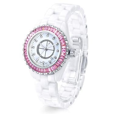 Imagem de TIME100 Relógio feminino fashion de cerâmica diamante bisel dourado relógio simples para mulheres (rosa), rosa