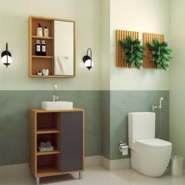 Imagem de Gabinete de Banheiro 60cm Julia com Balcão 1 Porta Correr e Espelheira Mel/grafite