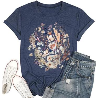 Imagem de Camiseta feminina vintage floral casual boho estampa floral girassol flores silvestres camisetas para meninas, 3-a-azul-marinho, G
