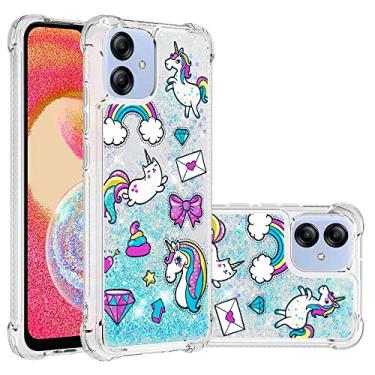 Imagem de Asdsinfor Capa Samsung A04E moderna brilhante transparente macia TPU desenho criativo areia movediça fofa com capa líquida brilhante para Samsung Galaxy A04E unicórnio azul YB-LS