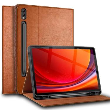 Imagem de Gexmil Capa de couro para Samsung Galaxy 14,6 polegadas, TAB S9 Ultra 2023 capa de couro genuíno com suporte para lápis, capa fólio de couro bovino hibernar/despertar automático, anti-impressão digital, amarelo marrom