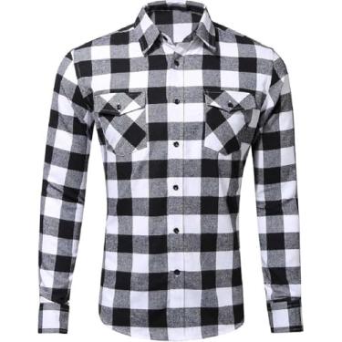 Imagem de Cromoncent Camisa masculina xadrez de flanela slim fit Buffalo xadrez manga longa camisa ocidental com 2 bolsos, Branco, XXG