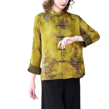 Imagem de Camisa feminina jacquard estilo chinês primavera e outono retrô gola alta gola única feminina, Marrom dourado, M