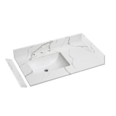 Imagem de EQLOO 91 cm L x 56 cm D Quartzo Calacatta River Vanity Top, com parte superior inferior para pia deslocada à esquerda, com duas laterais e um backsplash, orifício para torneira de 20 cm, bancada de