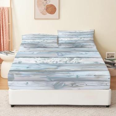 Imagem de Eojctoy Jogo de lençol King com tema listrado cinza e azul, ultramacio, 100% microfibra, bolso profundo, respirável, confortável, conjunto de lençóis de cama - 4 peças de lençol