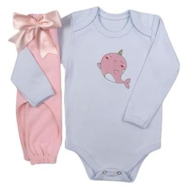 Imagem de Conjunto Body Manga Longa Bordado Baleia e Calça Suedine Mijão Culote - Roupa Bebê Menina-Feminino