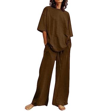 Imagem de Conjunto de duas peças de linho feminino casual de verão plus size, camisas de manga curta, tops grandes, algodão, pernas largas, conjunto de roupa de descanso, Zb1-café, Medium