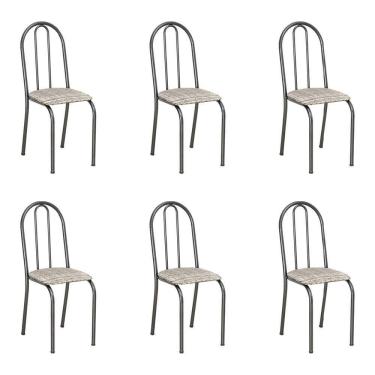 Imagem de Kit 6 Cadeiras De Cozinha Califórnia Estampado Rattan Bege Pés De Ferro Preto