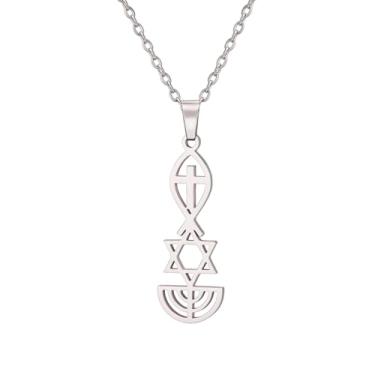 Imagem de EUEAVAN Colar com selo messiânico, selo messiânico de Jerusalém, colar com pingente de estrela de Davi, Ichthus com cruz, menorá, colar de estrela judaica, joia religiosa de Hanukkah, símbolo de