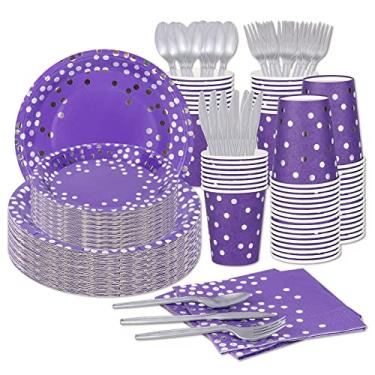 Imagem de GuoZhiXin Artigos de festa roxos e prateados 140 peças de louça descartável com pontos - pratos de papel, copos, garfos de plástico, facas, colheres para chá de bebê, casamento, formatura