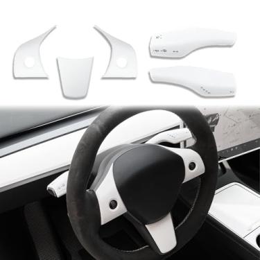 Imagem de YJMOTOR Capa de acabamento de volante com capa de mudança de marcha para acessórios decorativos Tesla Model 3 Y 5 peças (branco fosco)