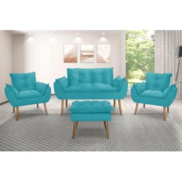 Imagem de Kit Namoradeira Sofá Emily + 2 Poltronas Cadeira Emily + 1 puff (azul turquesa)