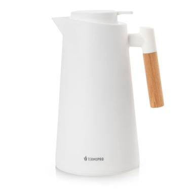 Imagem de TERMOPRO Garrafa Térmica Princess 1L Termopro Branca Cabo com Acabamento em Madeira Café Chá Suco Mantém Bebidas Quentes por 6h e Frias por 12h | Ampola de Vidro Design Sofisticado e Funcional
