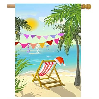 Imagem de ShineSnow Cadeira de praia Christmas Shore com chapéu de Papai Noel, faixa de palmeira, bandeira de casa de férias, 71 cm x 101 cm, poliéster dupla face, boas-vindas, bandeiras de jardim para pátio,
