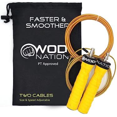 Imagem de WOD Nation Corda de salto de liga de aço - design ajustável de dois cabos para corda pesada - bolsa de viagem compacta para acessórios de academia - alças ergonômicas para exercícios físicos - amarelo