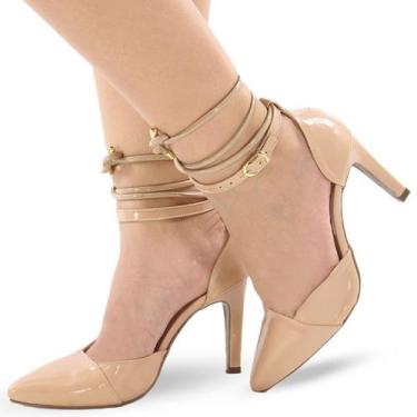 Imagem de Sapato Scarpin Re&Ton Salto Alto Amarração Feminino SC4, Nude verniz, 