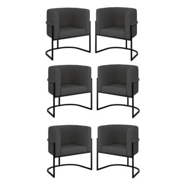 Imagem de Kit 06 Poltronas Lua Sala Decorativa Base Ferro Black Corino Cinza