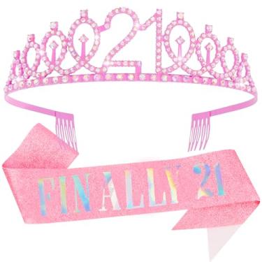 Imagem de Faixa e coroa de aniversário de 21 anos, decorações de aniversário de 21 anos, faixa de aniversário, coroa rosa com pentes para meninas, tiara de princesa, tiaras de cristal para festa, acessórios de