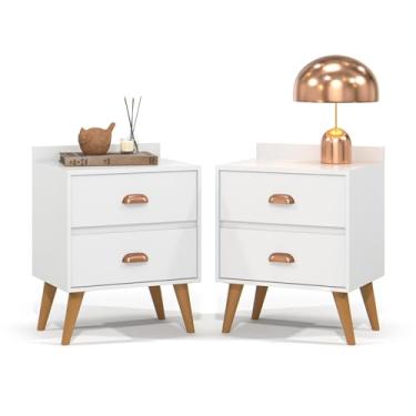 Imagem de KIT 2 Mesas De Cabeceira Madero Decoração Criado Quarto Retro 2 Gaveta - Quality Móveis (Branco)