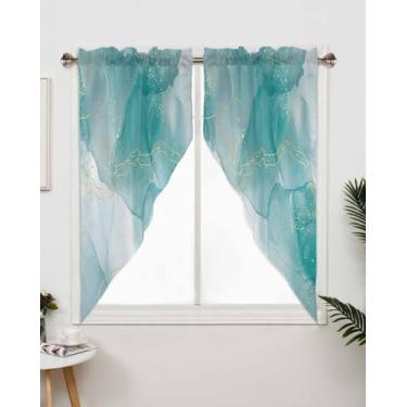 Imagem de Cortinas Swag Valances para cozinha, textura abstrata de mármore verde ombré com linha dourada para varão bolso para janela, par de cortina swag arejado macio para banheiro, decoração de café - 71 x