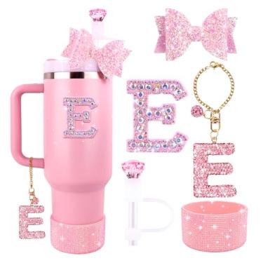 Imagem de Lingdeer Conjunto de acessórios rosa para Stanley Cup 850.5 g 1,134.0 g, pingentes de letras brilhantes, capa de palha de diamante, bota de silicone com glitter, adesivo personalizado, enfeite de