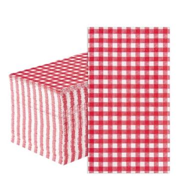 Imagem de 100 guardanapos de papel vermelho, 3 camadas, guardanapos de guingão, vermelho e branco, descartáveis, xadrez, coquetel, bebidas, guardanapos para piquenique, churrasco, artigos de festa de