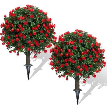 Imagem de Conjunto de 2 árvores de bolas de topiaria artificial de buxo com flor