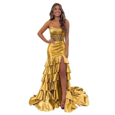 Imagem de Vestido de baile Mollyevers Corset Plus Size Gold Satin 20W