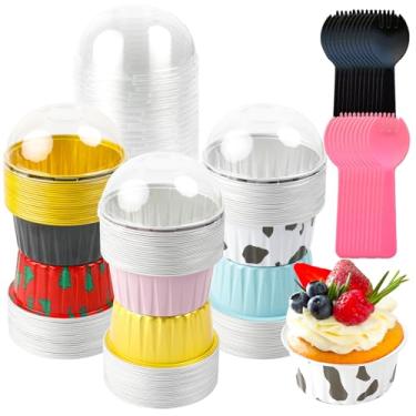 Imagem de 120 peças de mini forros de cupcake de folha de alumínio com tampas, ramequins descartáveis de 142 g com 120 peças, suporte de copos de cupcake para pudim, recipiente de festa (6 cores)