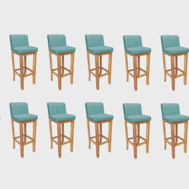 Imagem de Kit 10 Banqueta Alta Com Encosto Aila Balcão Bistrô Base Madeira Maciça Suede Azul Turquesa - Ahz Móveis