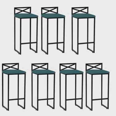 Imagem de Kit 07 Banqueta Alta Com Encosto Ema Balcão Bar Cozinha Bistrô Ferro Preto Suede Azul Turquesa - Ahz Móveis