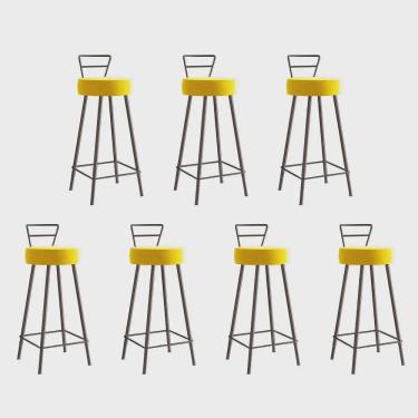 Imagem de Kit 07 Banqueta Alta Com Encosto Tina Eiffel Cozinha Bar Bistrô Ferro Marrom Sintético Amarelo - Ahz Móveis
