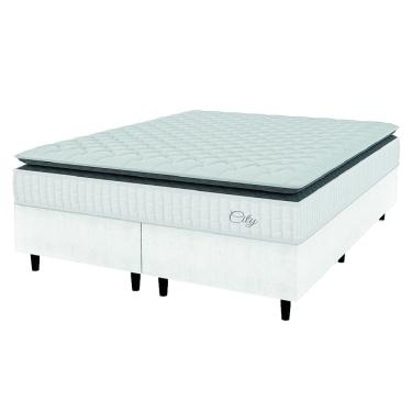 Imagem de Cama Box Colchão Casal King Molas Ensacadas City Pillow Top 193x203x61cm Linho Branco / Cinza Hellen - Suporta até 110kg por Pessoa