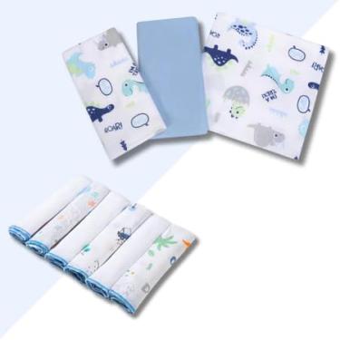 Imagem de Kit Enxoval Bebê, 9 Peças, 3 Cueiros e 6 Paninhos de Boca, 100% Algodão Estampado (Azul Masculino)