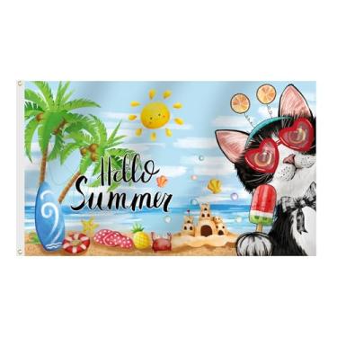 Imagem de SENSEVEN Bandeiras de verão de gato preto e branco para uso externo de 9 x 1,5 m, bandeira de jardim de picolé de coqueiro, bandeira costeira de praia de gatinho fofo, faixa sazonal de boas-vindas ao