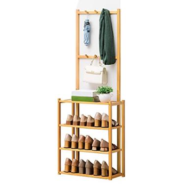 Imagem de JNQLLDS Sapateiro cabide cabide de bambu com sapato 4 prateleiras com 10 ganchos para quarto para roupa chapéus malas guarda-chuva corredor até 50 kg