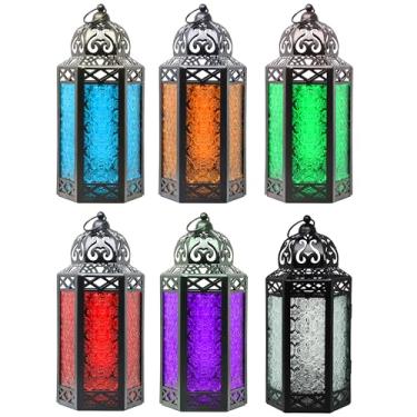 Imagem de VELA LANTERNS 6 unidades de lanterna de vela marroquina grande de metal, lâmpada decorativa de suporte de vela para Ramadã, decoração de casa interna, pátio, casamentos, mesa ou pendurar, cores