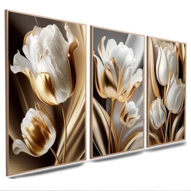 Imagem de Quadros Decorativos Flor Tulipa Dourada e Branca 3 Peças Mosaico Sala Quarto Escritório (04, Tamanho 20x30 Centímetros)